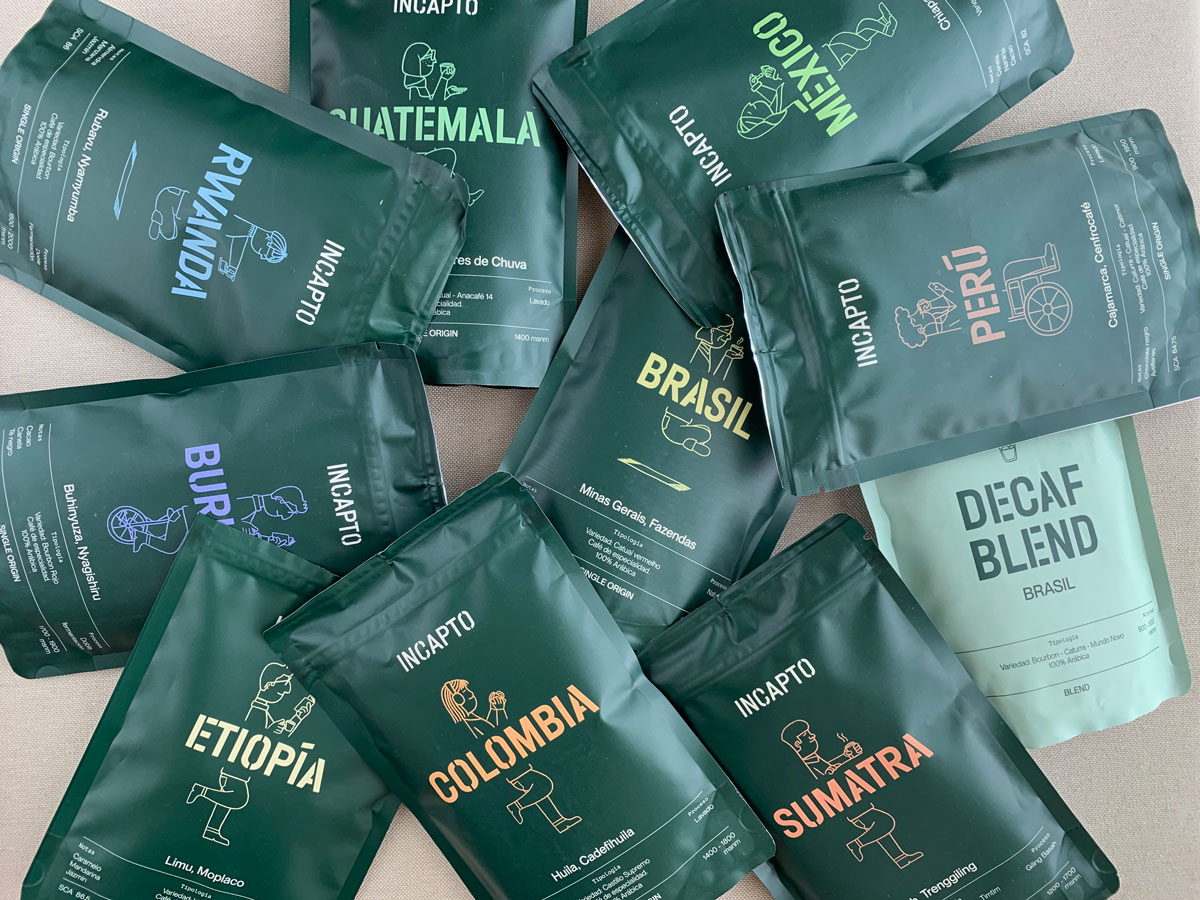 Variedad de paquetes de café incluidos en el pack Worldwide de Incapto