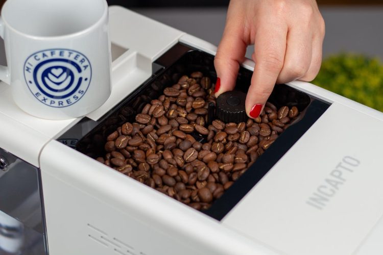 Detalle del recipiente para granos y el ajuste de molienda de la cafetera Incapto
